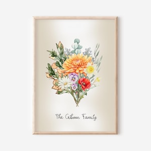 Fiori per la mamma Fiore di nascita Acquerello Arte Famiglia Bouquet Stampa Bouquet personalizzato Dipinto Idea regalo personalizzata Fiore di nascita Regalo di famiglia