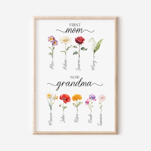 Flores personalizadas del mes de nacimiento Primera mamá ahora abuela Jardín Impresión, Regalo del Día de la Madre para la abuela, bisabuela y mamá, Arte familiar personal