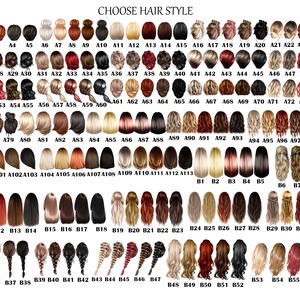 May include: A chart of 57 different hairstyles for women. The hairstyles are illustrated with drawings of women's heads with different hair colors and styles. The chart is labeled with numbers and letters.