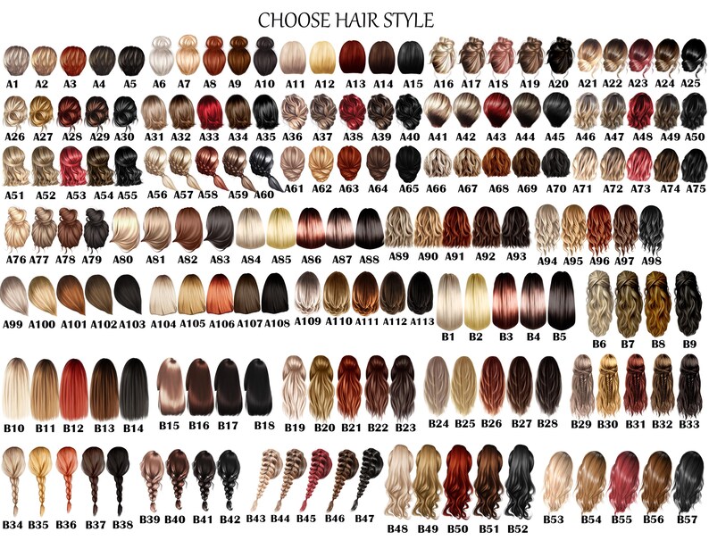 May include: A chart of 57 different hairstyles for women. The hairstyles are illustrated with drawings of women's heads with different hair colors and styles. The chart is labeled with numbers and letters.