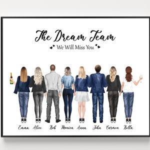 Cadeau de groupe de collègues, Dream Team, portrait de 8 amis, cadeau de départ personnalisé d'un collègue