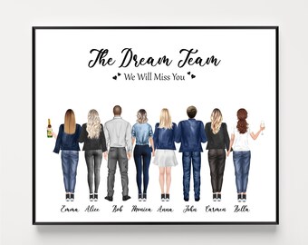 Group Colleagues gift, Dream Team, 8 friends portrait, Personalised coworker leaving gift