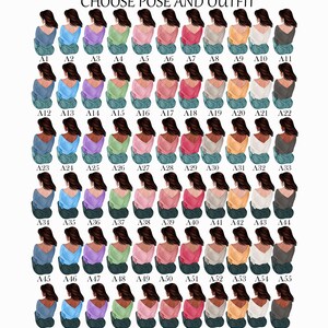 May include: A chart of 66 different poses and outfits for a customizable illustration. The poses are of a person sitting with their back to the viewer. The outfits are a variety of colors and styles, including jeans, sweaters, and shirts.