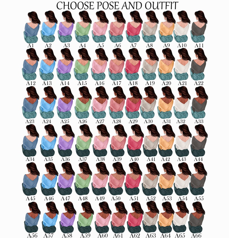 May include: A chart of 66 different poses and outfits for a customizable illustration. The poses are of a person sitting with their back to the viewer. The outfits are a variety of colors and styles, including jeans, sweaters, and shirts.