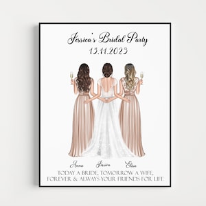 Könnte beinhalten: Ein druckbares Schild für eine Hochzeitsfeier mit weißem Hintergrund und schwarzem Rand. Das Schild zeigt eine digitale Illustration von drei Frauen in Hochzeitskleidung, wobei die Braut in der Mitte steht. Der Text auf dem Schild lautet "Jessica's Bridal Party 15.11.2023" und "Heute eine Braut, morgen eine Ehefrau, für immer und ewig deine Freundinnen fürs Leben".