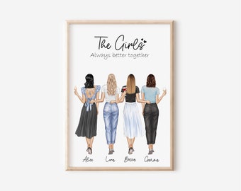 Friend Group Print,4 Friends Picture, Best Friends Birthday Gifts,Personalizied Best Friend Portrait,Friendship 4 girls Print,Gift For Her