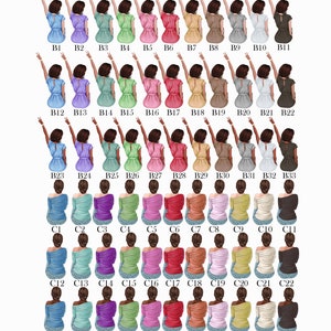 May include: A digital illustration of 33 different women with various hairstyles and skin tones. Each woman is wearing a different outfit, including dresses, shirts, and pants. The women are arranged in rows, with each row featuring a different color scheme.