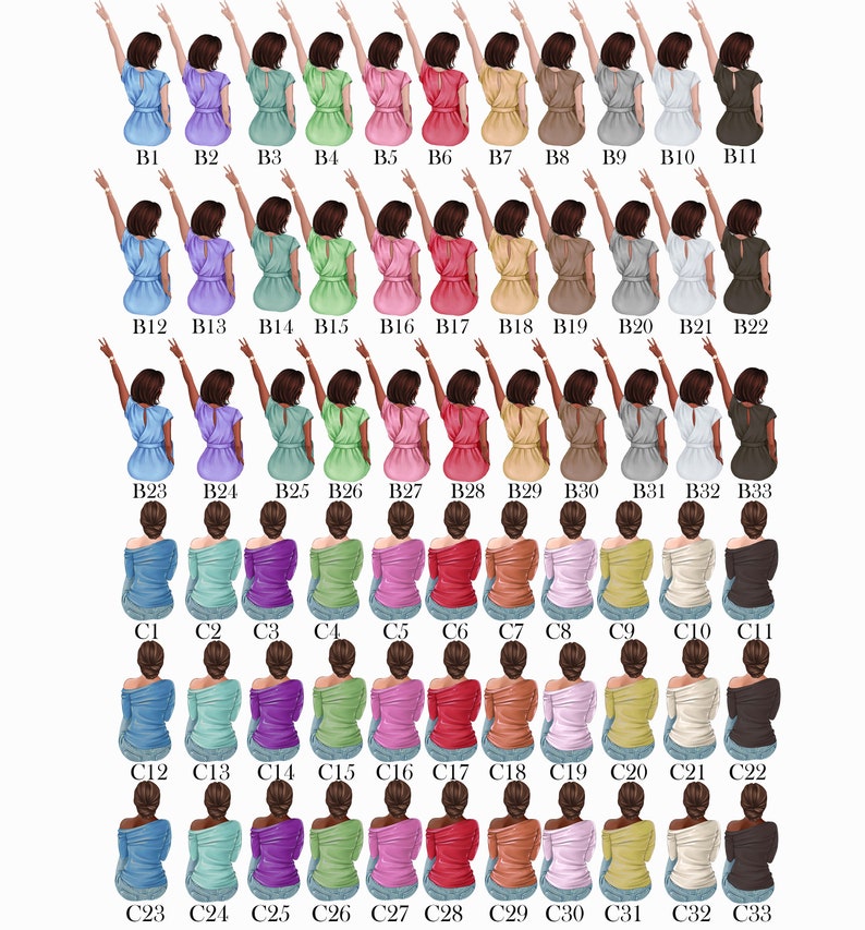 May include: A digital illustration of 33 different women with various hairstyles and skin tones. Each woman is wearing a different outfit, including dresses, shirts, and pants. The women are arranged in rows, with each row featuring a different color scheme.