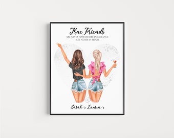 Puede incluir: Una impresión de arte imprimible con dos mujeres de espaldas, con los brazos alrededor la una de la otra. Las mujeres llevan pantalones cortos de mezclilla y blusas informales. El texto "True Friends are never apart, maybe in distance but never in heart" está impreso sobre las mujeres. Los nombres "Sarah" y "Lauren" están impresos debajo de las mujeres.