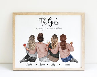 Group of friends Print, Group Friendship Print, Christmas Best Friend Gift, Friends Illustration, Personalized Gift for Her