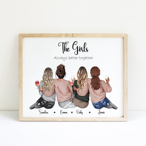 Groep vrienden print, groep vriendschap print, kerst beste vriend cadeau, vrienden illustratie, gepersonaliseerd cadeau voor haar