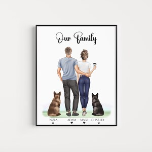 Personalisiertes Paar mit Haustieren Geschenk, unser Familiengeschenk, Paar und Haustier, personalisierte Familienillustration, Jubiläumsgeschenk, Geschenk für Paar