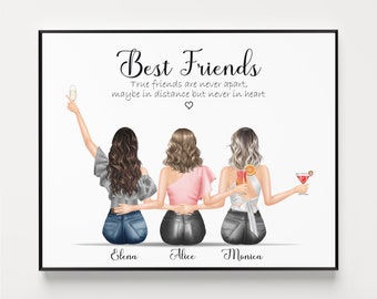 May include: A white background with a black frame. Three women are sitting back to back with their arms around each other. The text "Best Friends" is at the top of the image. The text "True friends are never apart, maybe in distance but never in heart" is below the title. The women's names are written below them: Elena, Alice, and Monica.