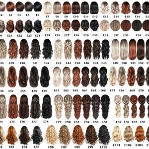 May include: A chart of 105 different hairstyles, each labeled with a number. The hairstyles are all variations of long hair, with different colors, styles, and textures.