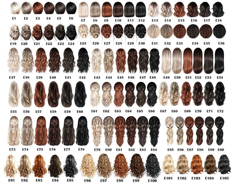 May include: A chart of 105 different hairstyles, each labeled with a number. The hairstyles are all variations of long hair, with different colors, styles, and textures.