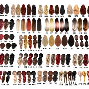 May include: A chart of 78 different hairstyles, each with a unique style and color. The hairstyles are arranged in rows and columns, and each hairstyle is labeled with a number.