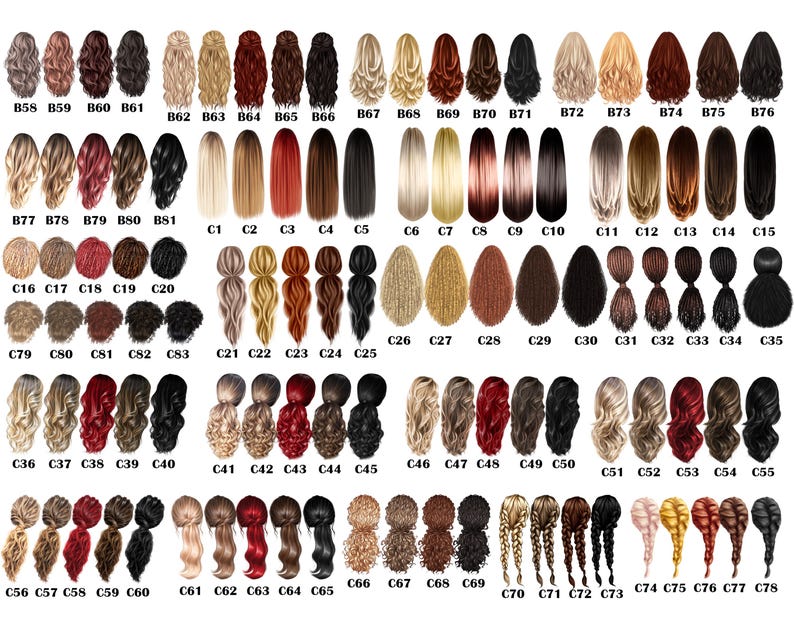 May include: A chart of 78 different hairstyles, each with a unique style and color. The hairstyles are arranged in rows and columns, and each hairstyle is labeled with a number.