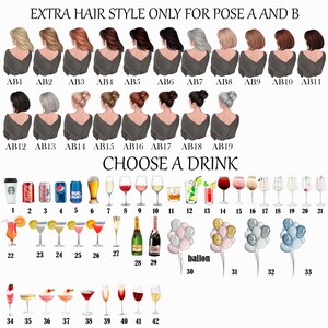 May include: A chart with images of different hairstyles and drinks. The chart is labeled "Extra Hair Style Only for Pose A and B" and "Choose a Drink".