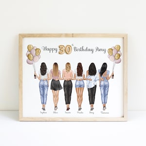 Impresión de amigo de 30 cumpleaños, regalo de cumpleaños 30 personalizado para ella, mejores regalos de amiga, retrato de amigos, ilustración de grupo de amigos