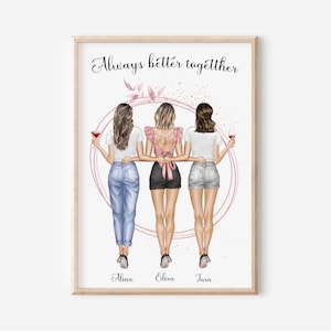 Best Friend Gift,Personalized Print,Custom Best Friends Gifts,3 Friends Picture,Three Girls Portrait,Friendship Gift,Sisters Print