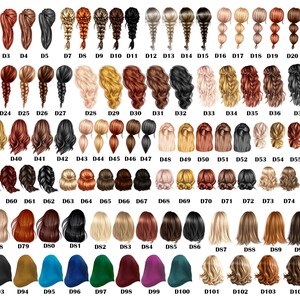 May include: A chart of 105 different hairstyles, each with a unique color and style. The hairstyles are numbered from D1 to D105.