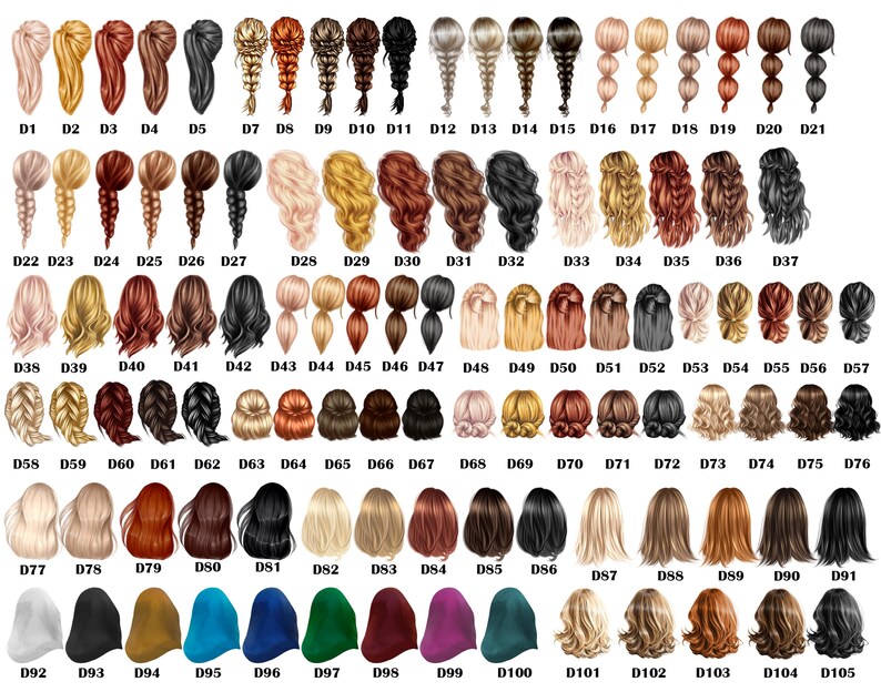 May include: A chart of 105 different hairstyles, each with a unique color and style. The hairstyles are numbered from D1 to D105.