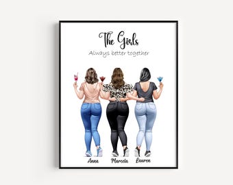 May include: Framed print featuring three women holding cocktails, with the text "The Girls Always better together." Each woman is wearing different colored jeans and tops. The names "Anna," "Marcela," and "Lauren" are printed below.