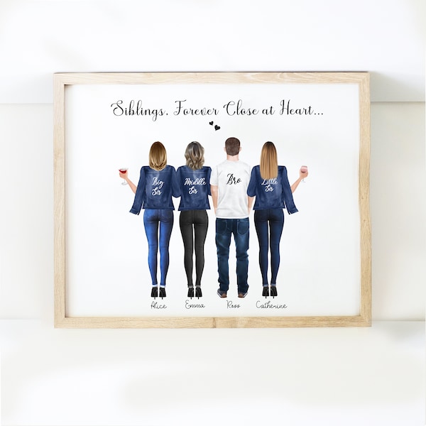 Gepersonaliseerde broer en zussen print, broer zus geschenken, cadeau voor zus, familieportret, verjaardagscadeau voor haar, broers en zussen cadeau voor hem