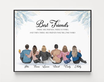 Custom Friends Portrait,6 Best Friends Print,Personalized Wall Art,Friendship Group Print,Gift for Male Best Friends,Friendship Poster