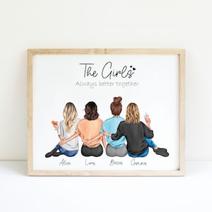 Friend Group Print,4 Friends Picture, Best Friends Birthday Gifts,Personalizied Best Friend Portrait,Friendship 4 girls Print,Gift For Her image 1