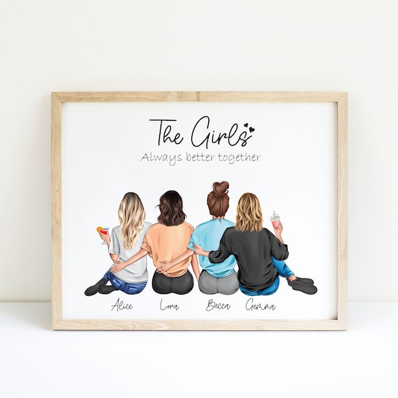 Friend Group Print,4 Friends Picture, Best Friends Birthday  Gifts,personalizied Best Friend Portrait,friendship 4 Girls Print,gift for  Her 