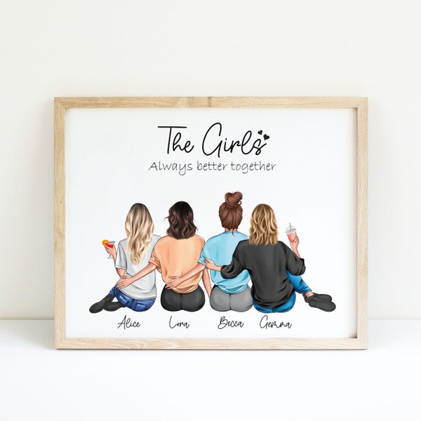 Friend Group Print,4 Friends Picture, Best Friends Birthday Gifts,Personalizied Best Friend Portrait,Friendship 4 girls Print,Gift For Her