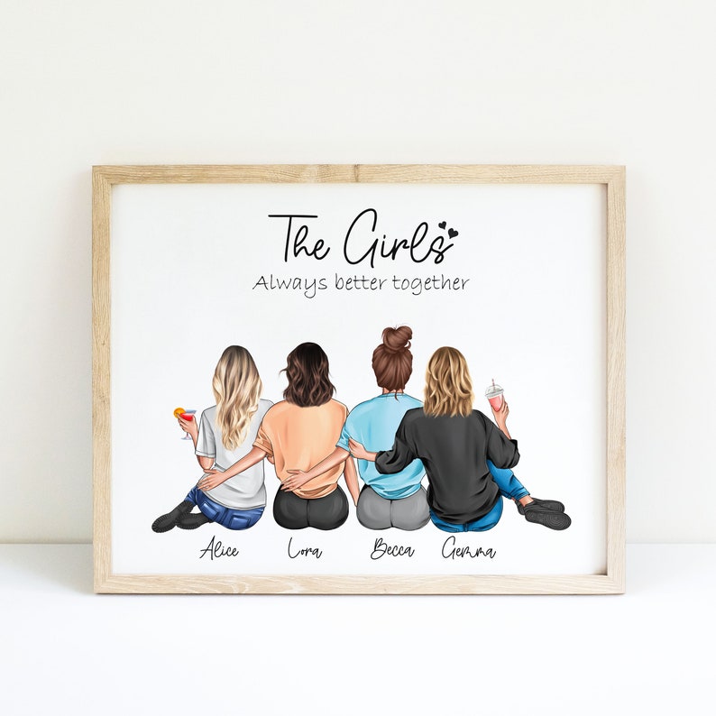 Friend Group Print,4 Friends Picture, Best Friends Birthday Gifts,Personalizied Best Friend Portrait,Friendship 4 girls Print,Gift For Her image 1