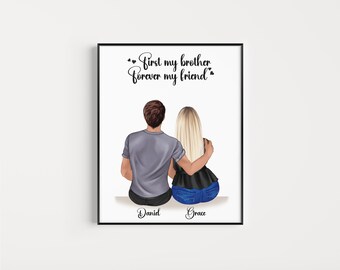 Custom Family Portrait Print, Personalized Brother and Sister Gift (PDF)