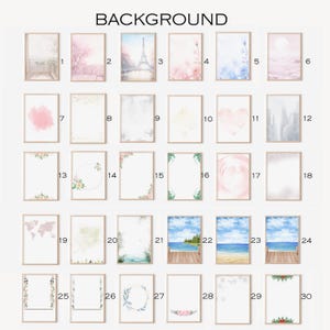 May include: A set of 30 digital printable backgrounds in various styles, including floral, watercolor, and cityscapes. The backgrounds are perfect for creating invitations, cards, and other digital projects.