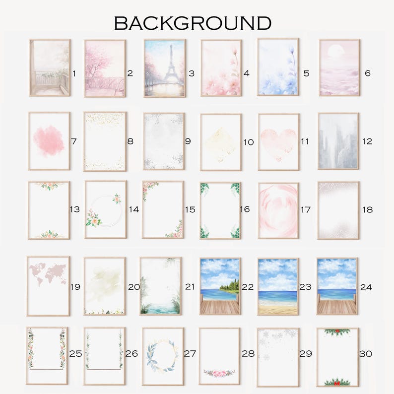 May include: A set of 30 digital printable backgrounds in various styles, including floral, watercolor, and cityscapes. The backgrounds are perfect for creating invitations, cards, and other digital projects.
