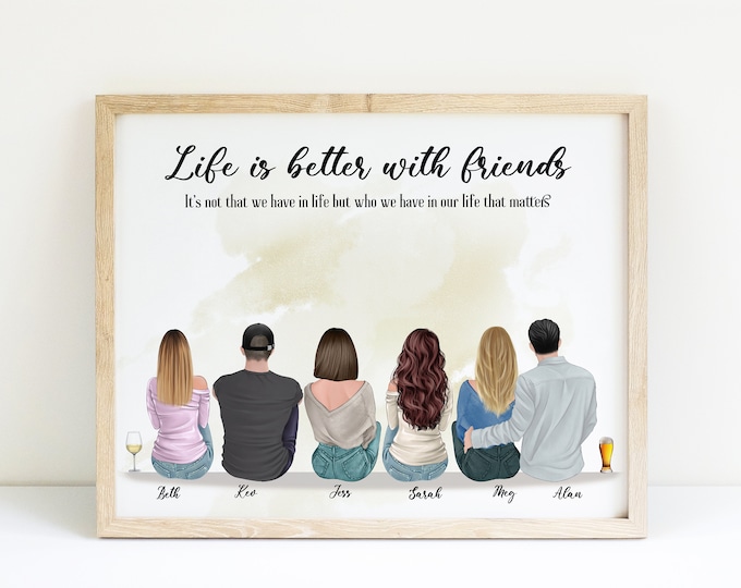 Custom Friends Portrait,6 Best Friends Print,Personalized Wall Art,Friendship Group Print,Gift for Male Best Friends,Friendship Poster