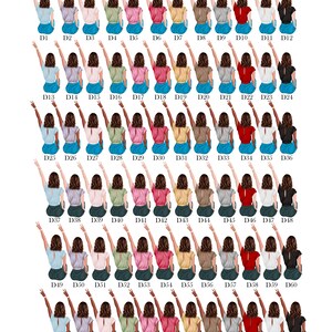 May include: A digital illustration of 72 women with brown hair, wearing different colored tops and denim shorts, sitting with their backs to the viewer and raising their hands in a peace sign. Each woman is labeled with a number from D1 to D72.