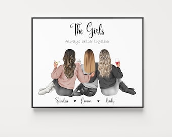 3 Best Friend Gift, Group Friendship Print, Christmas Best Friend Gift, Friends Illustration, Personalized Gift for Her