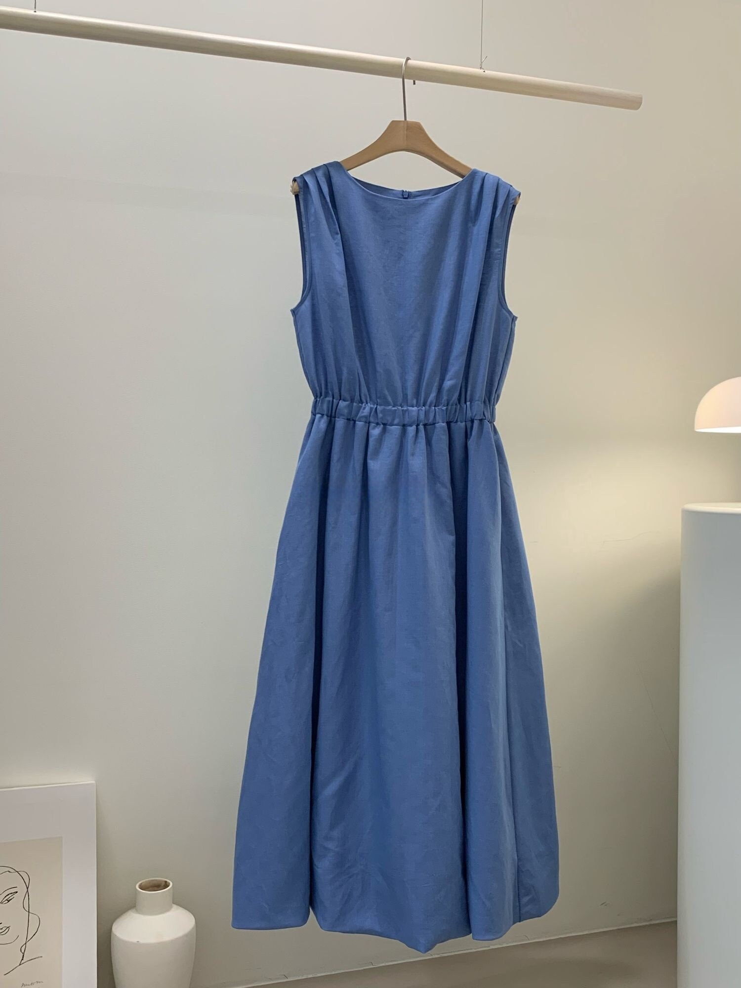 Women's classic cotton linen sleeveless hamptons look long blue & Black summer dress