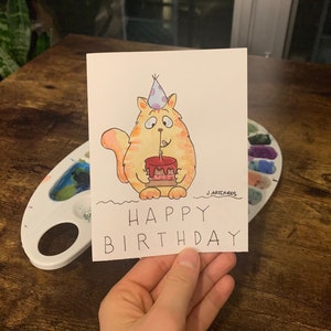 Carte d’anniversaire de chat | Carte d’anniversaire animale | Carte de vœux | Peinture à l'aquarelle
