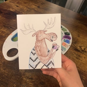 de café potable d'orignal | carte d'anniversaire animal | de voeux | Peinture à l'aquarelle