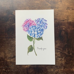 Carte de vœux aquarelle hortensias | Carte vierge | Carte de remerciement | Penser à votre carte | Carte d’art peinte à la main