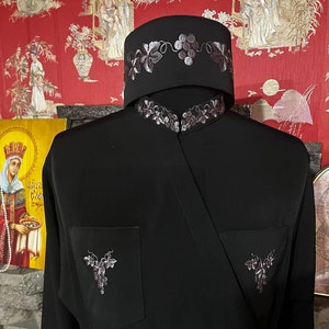 Embroidered  Cassock - Wet silk fabric, black with silver colors - A set of vestments: cassock, skufia - Cassock Orthodox