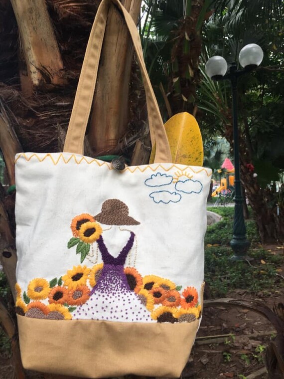 Handembroidered canvas bag floral embroidered fabric bag Etsy