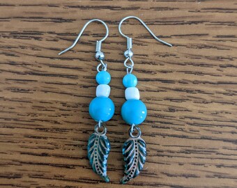 Blue and White Leaf Earrings