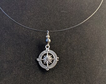 Silver Compass Choker Necklace - Black Hematite and Silver Handmade - Compass Jewelry