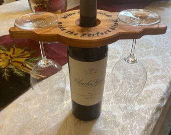 Wine bottle caddy, made to hold 2 wine glasses; wine glass caddy