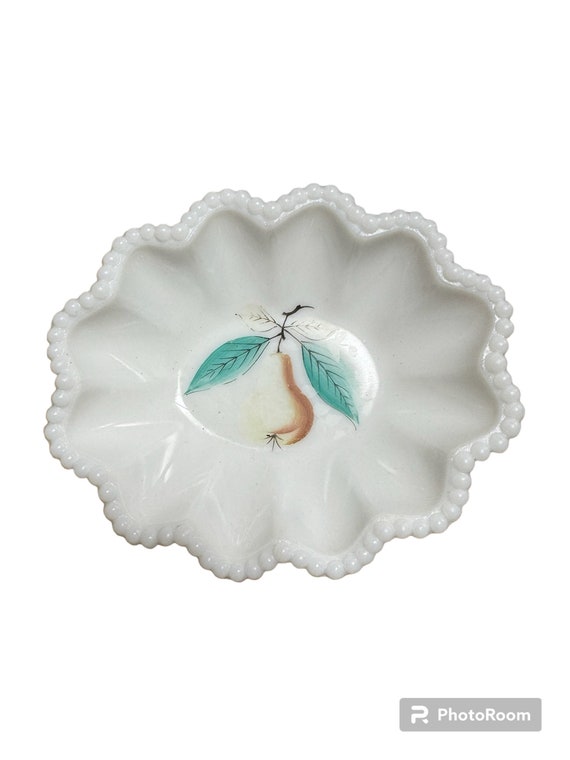 Vintage 1950’s Westmoreland Hand Painted Pear Beaded Edge Nob Trinket Dish