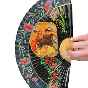 Vintage Spanish  Hand Painted Bull Fighter Flower Paper Wooden Hand Fan